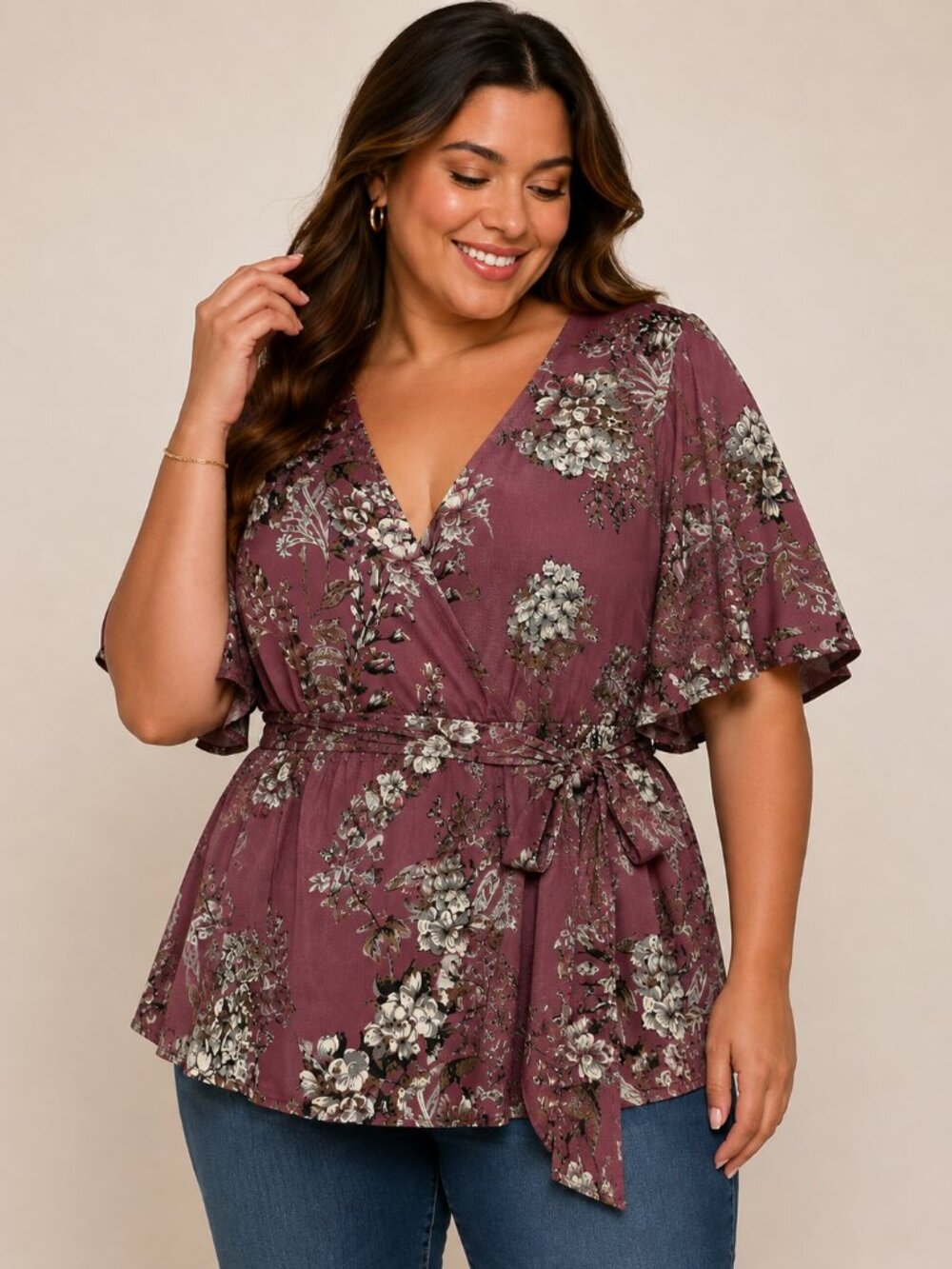 Torrid Size 0 Mauve Floral Wrap Blouse Flutter Sleeve Waist Tie